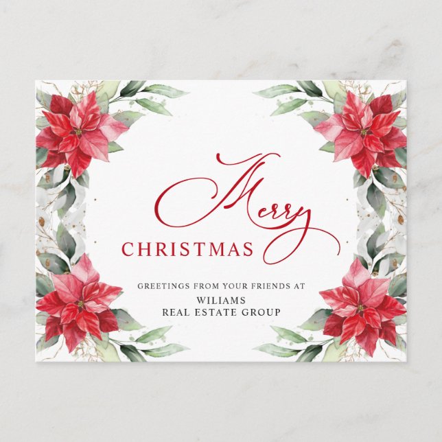 Carte Postale Joyeux Noël Rouge Poinsettia Salutation d'entrepri (Devant)