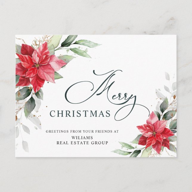 Carte Postale Joyeux Noël Rouge Poinsettia Salutation d'entrepri (Devant)