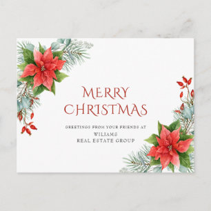 Carte Postale Joyeux Noël Rouge Poinsettia Salutation d'entrepri