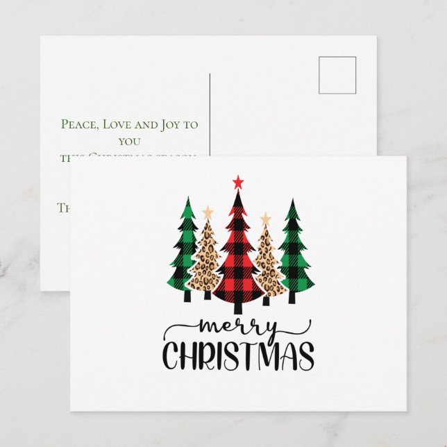 Carte Postale Joyeux Noël Rouge Vert et Noir Plaid Arbres (Devant / Derrière)