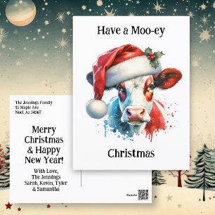 Carte Postale Joyeux Noël   Vache amusante à Santa Hat