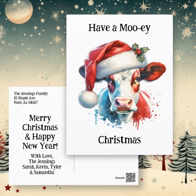 Carte Postale Joyeux Noël | Vache amusante à Santa Hat (Créateur téléchargé)