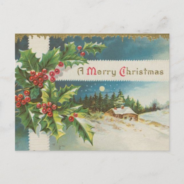 Carte Postale Joyeux Noël victorien avec baies Holly (Devant)