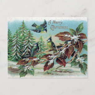 Carte Postale Joyeux Noël Vintage Forêt d'hiver Oiseaux 