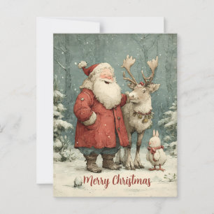 Carte Postale Joyeux Noël Vintage Père Noël & Reindeer