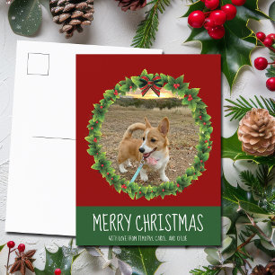 Carte Postale Joyeux Noël Wreath mignon Custom Chien Photo Rouge