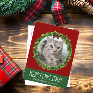Carte Postale Joyeux Noël Wreath mignonne Custom Cat Photo Rouge