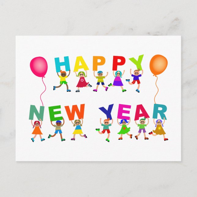 Carte Postale Joyeux Nouvel An Caricature Divers Enfants Texte (Devant)