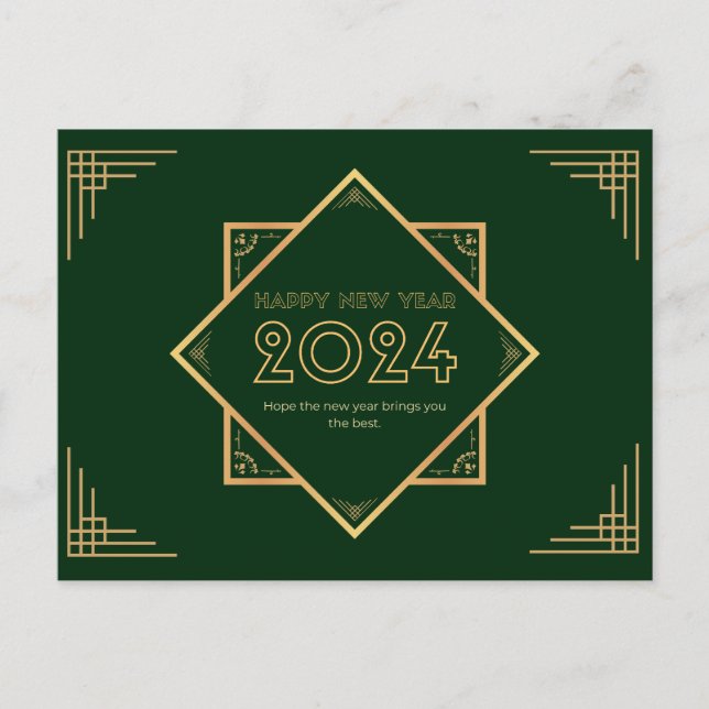 Carte Postale Joyeux Nouvel An Gold Et Green 2024 (Devant)