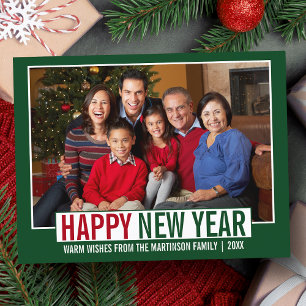 Carte Postale Joyeux Nouvel An moderne Photo de famille verte