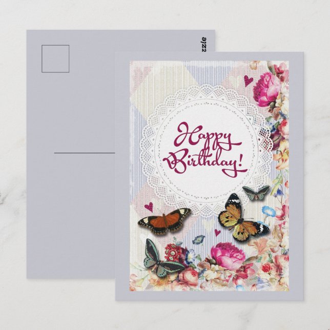 Carte Postale Joyeux papillons et fleurs d'anniversaire (Devant / Derrière)