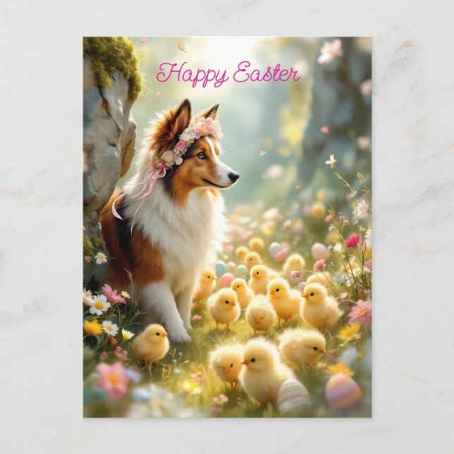 Carte Postale Joyeux Pâques Collie et les poussins (Devant)