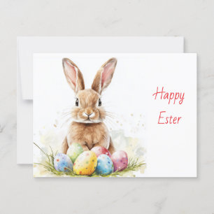 Carte Postale Joyeux Pâques - Drôle lapin avec Oeuf délice