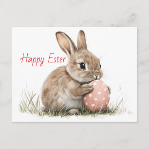 Carte Postale Joyeux Pâques - Drôle lapin avec Oeuf délice