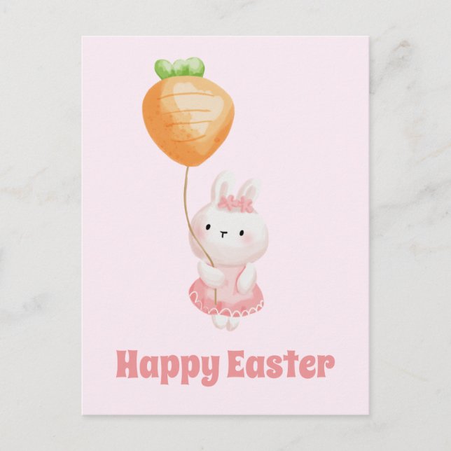 Carte Postale Joyeux Pâques ! Lapin mignon avec ballon de carott (Devant)