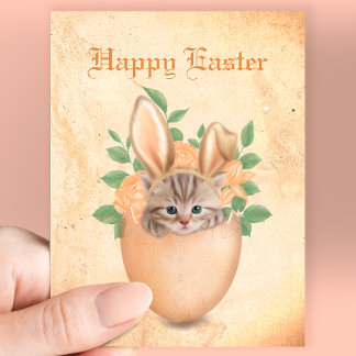 Carte Postale Joyeux Pâques mignon lapin Vintage chaton & oeufs