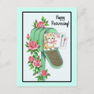 Carte Postale Joyeux Postcrossing ! Chat Vintage dans Boîte aux 