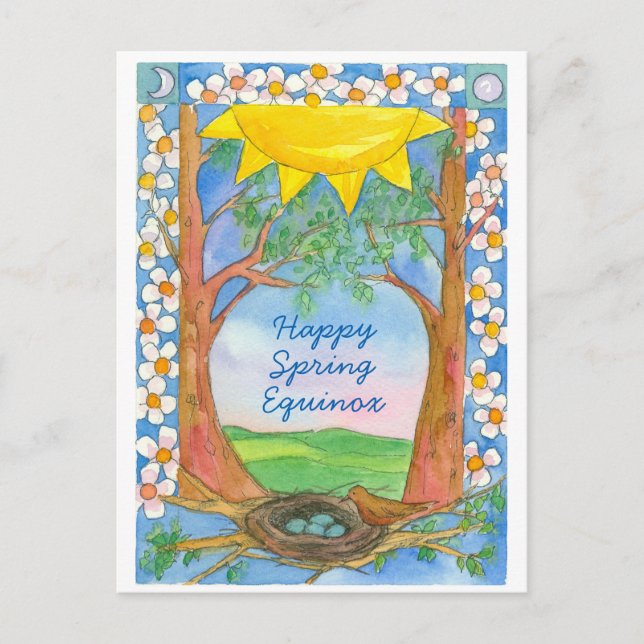 Carte Postale Joyeux printemps Equinox soleil Oiseaux arbres Nat (Devant)