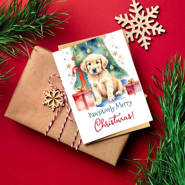 Carte Postale Joyeux récupérateur de voeux de Noël pour les chie (Golden retriever puppy Christmas greetings postcard pawsitively merry Christmas watercolor dog lover)