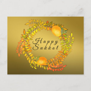 Carte Postale Joyeux Sukkot faux citrons d'or et couronne feuill