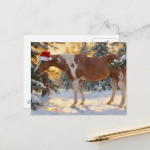 Carte Postale Jument Paint Horse de Noël Forêt d'hiver