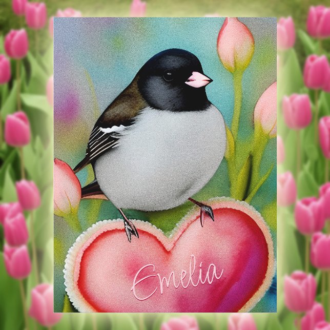 Carte Postale Junco Valentine Heart Cute Tulip Garden Bird +Nom (Créateur téléchargé)