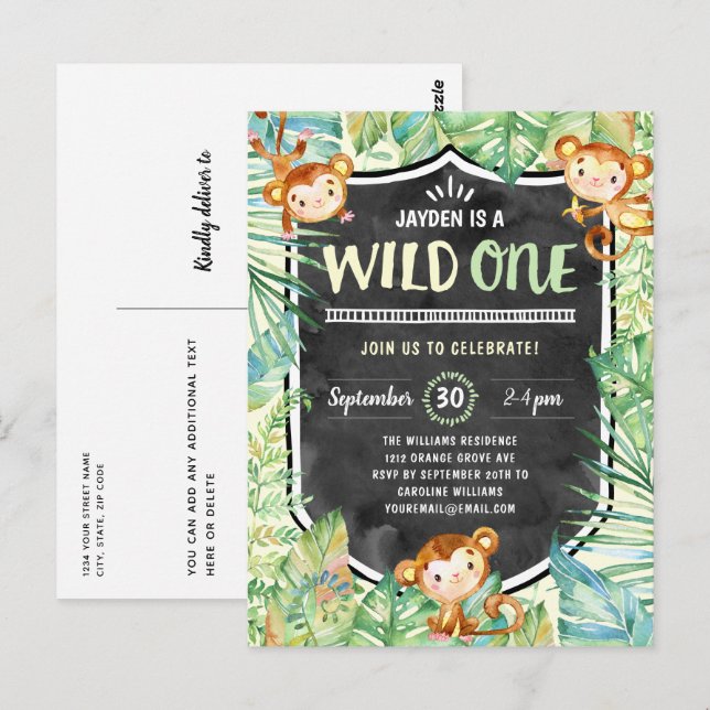 Carte Postale Jungle Safari Wild One fête d'anniversaire (Devant / Derrière)