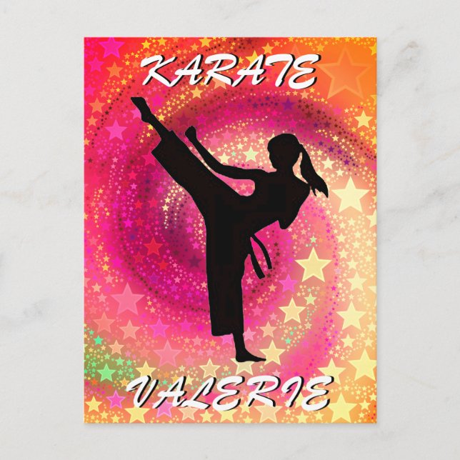 Carte Postale Karate Girl Kick Stars and Swirls Retro (Devant)