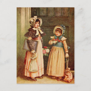 Carte Postale Kate Greenaway : Deux filles allant à l'école