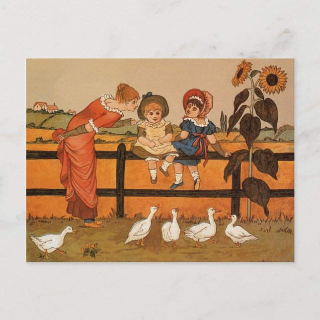 Carte Postale Kate Greenaway, Victorian femmes enfants canards (Devant)