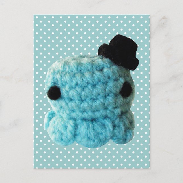 Carte Postale Kawaii Cute Crochet Amigurumi Octopus Top Hat Bleu (Devant)