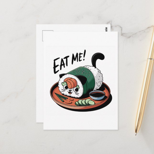 Carte Postale Kawaii Drôle Chat En Forme De Sushi Roll (Devant/Arrière en situation)