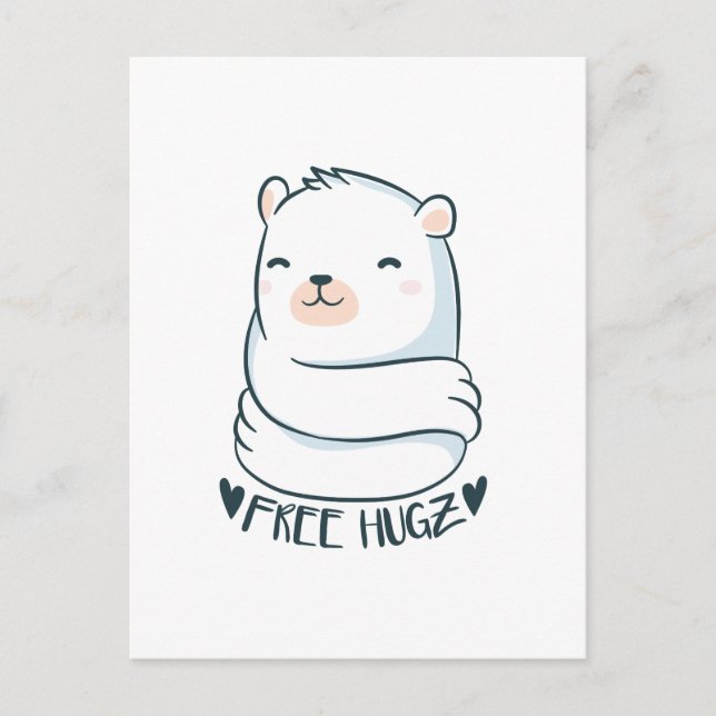Carte Postale Kawaii FREE HUGS Polar Bear White Cute Love (Devant)