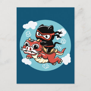 Carte Postale Kawaii Ninja Chat à cheval sur un Dragon Rouge
