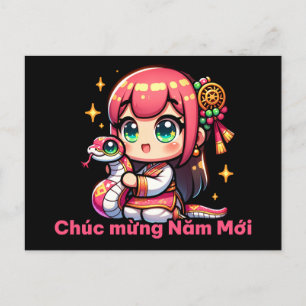 Carte Postale Kawaii Nouvel An Vietnamien Fille et serpent