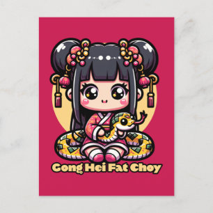 Carte Postale Kawaii Serpent et fille du Nouvel An chinois