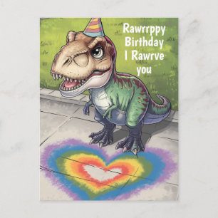 Carte Postale Kawaii trex arc-en-ciel cœur sur trottoir