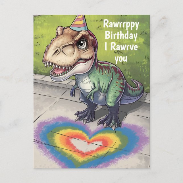 Carte Postale Kawaii trex arc-en-ciel entendre sur le trottoir (Devant)
