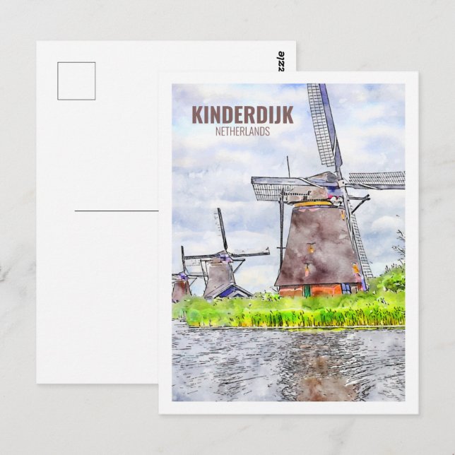 Carte Postale Kinderdijk Pays-Bas Travel Aquarelle Sketch (Devant / Derrière)