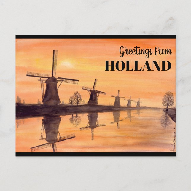Carte Postale Kinderdijk Windmills Sunset - Peinture aquarelle (Devant)