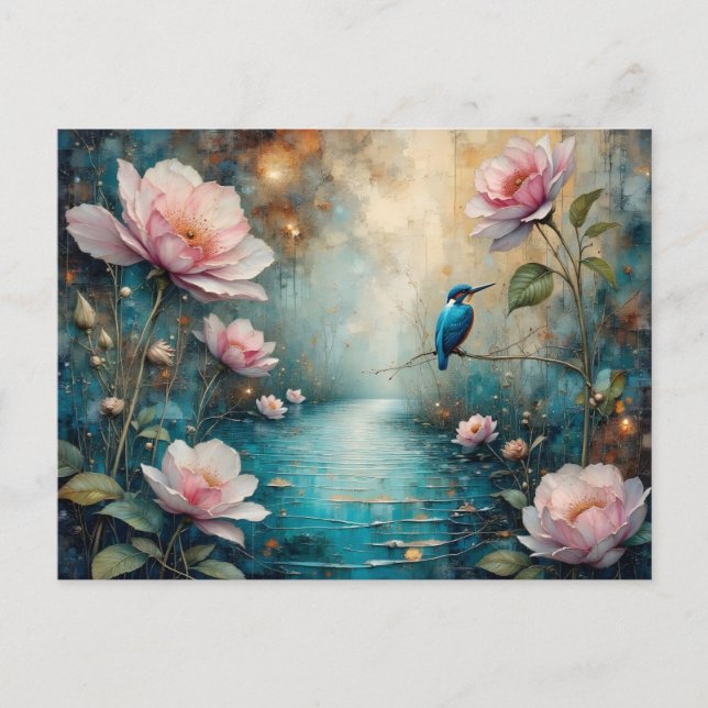 Carte Postale Kingfisher sur l'eau et roses roses (Devant)