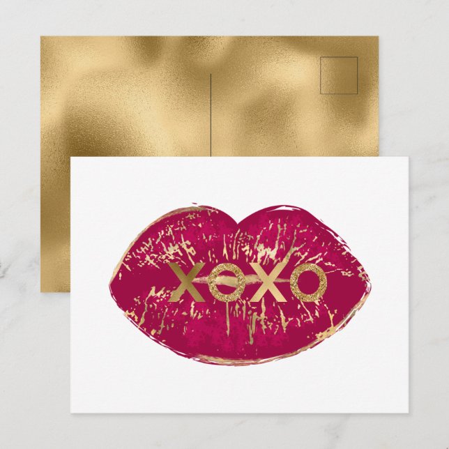 Carte Postale Kiss Red Lips Gold Parties scintillant XOXO (Devant / Derrière)