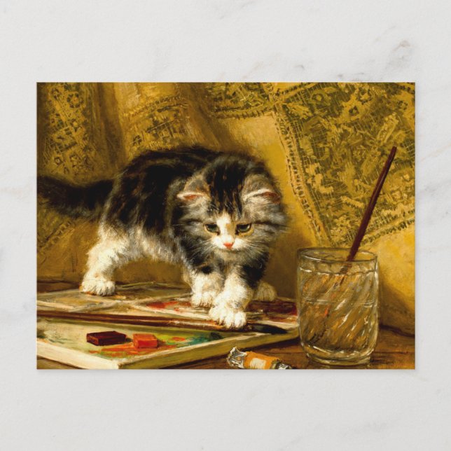 Carte Postale Kitten avec peinture et brosses (Devant)