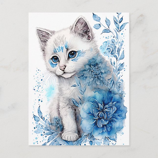 Carte Postale Kitten blanc et bleu avec fleurs (Devant)