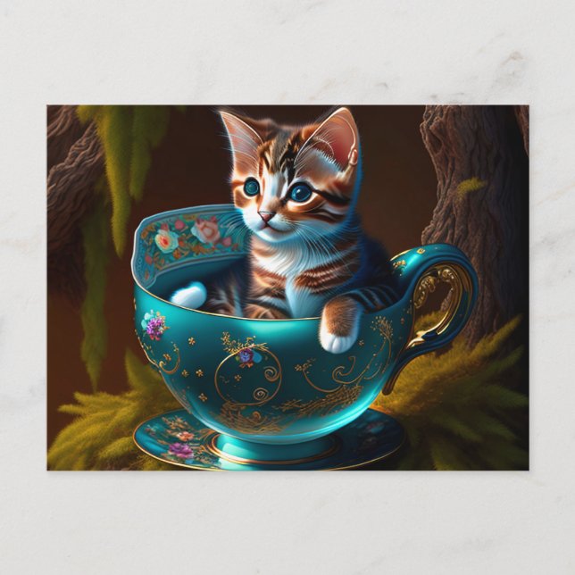 Carte Postale Kitten dans un thé bleu - Chat (Devant)