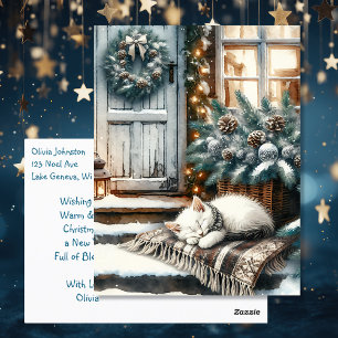 Carte Postale Kitten Dors sur Festive Porche avant Noël