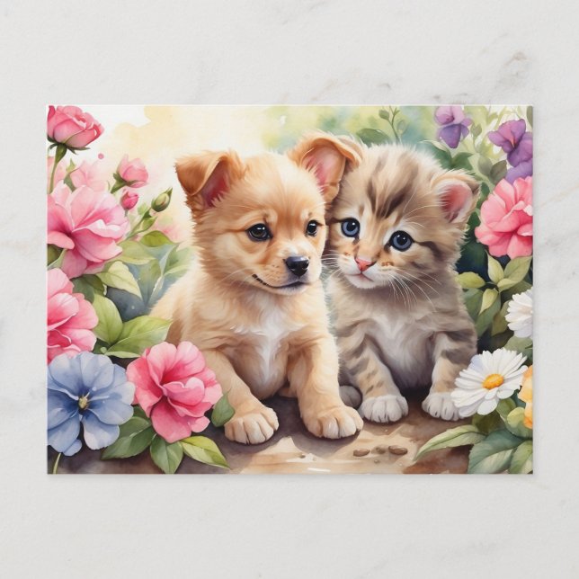 Carte Postale Kitten et chiot dans le jardin fleuri Illustration (Devant)