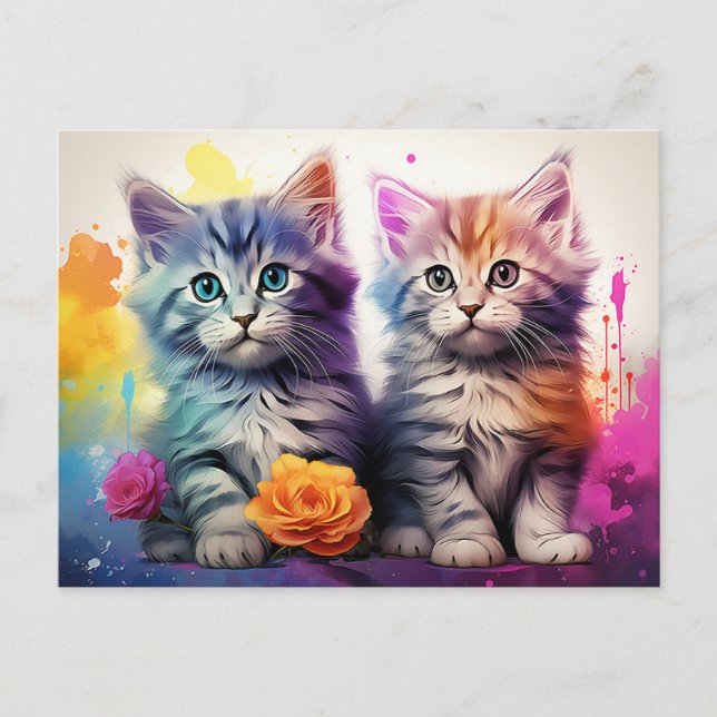 Carte Postale Kitten Illustration Vibrant Floral Aquarelle (Devant)