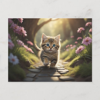 Carte Postale Kitten marchant le long du chemin entre les fleurs