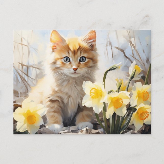 Carte Postale Kitty à l'aquarelle et jonquilles  (Devant)